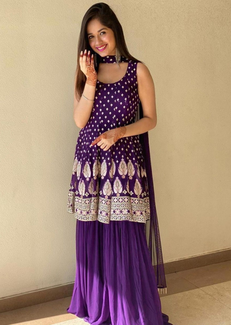 Jannat Zubair Purple Color Party Wear Silk Sharara Suit | Ethnicroop