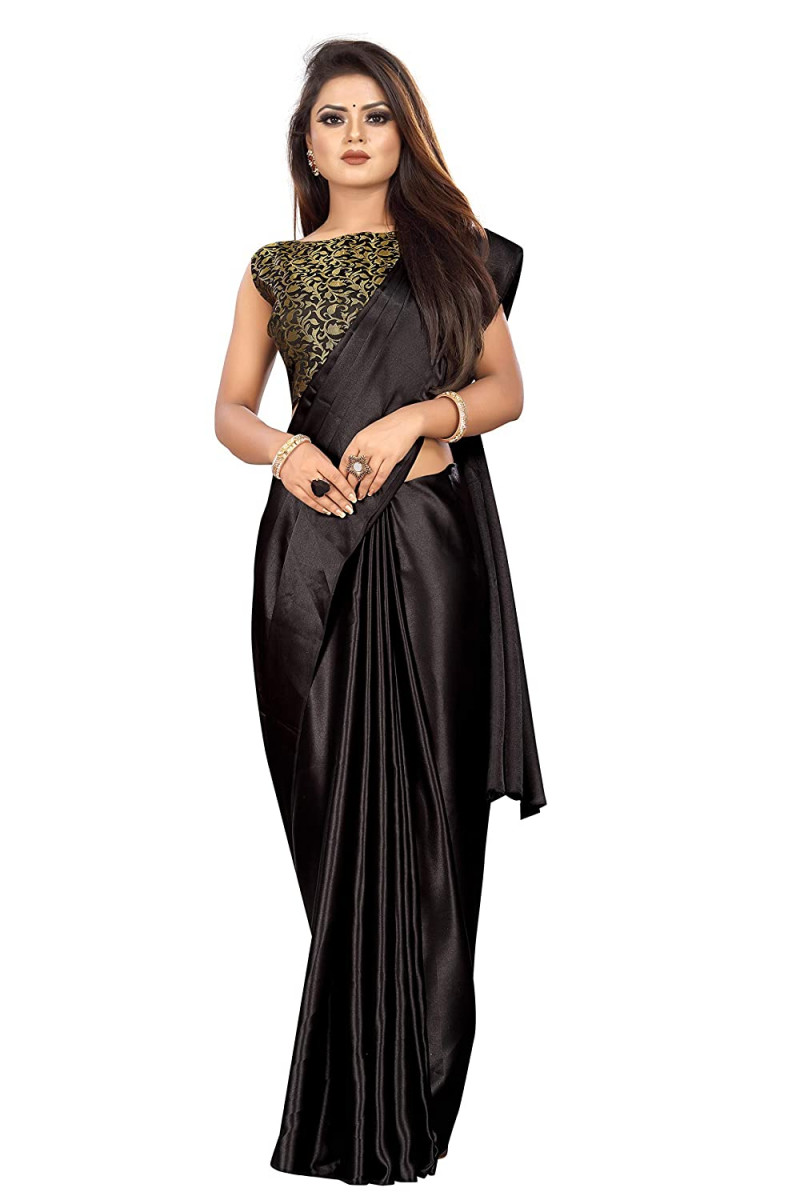 Black Color Plain Satin Silk Saree | Ethnicroop