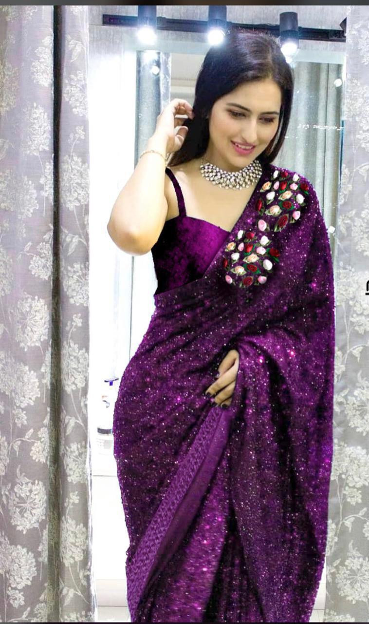 Purple Color Sequin Saree Ethnicroop