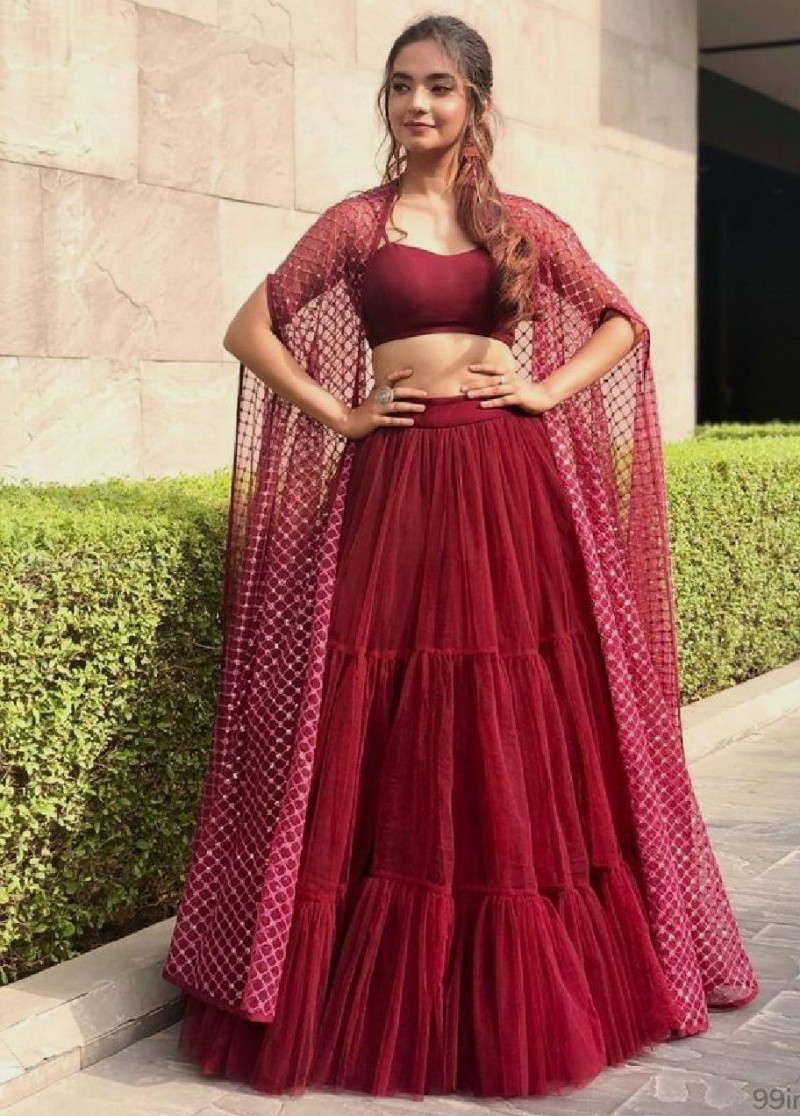 Stunning Designer Maroon Color Party Wear Ruffle Lehenga Choli