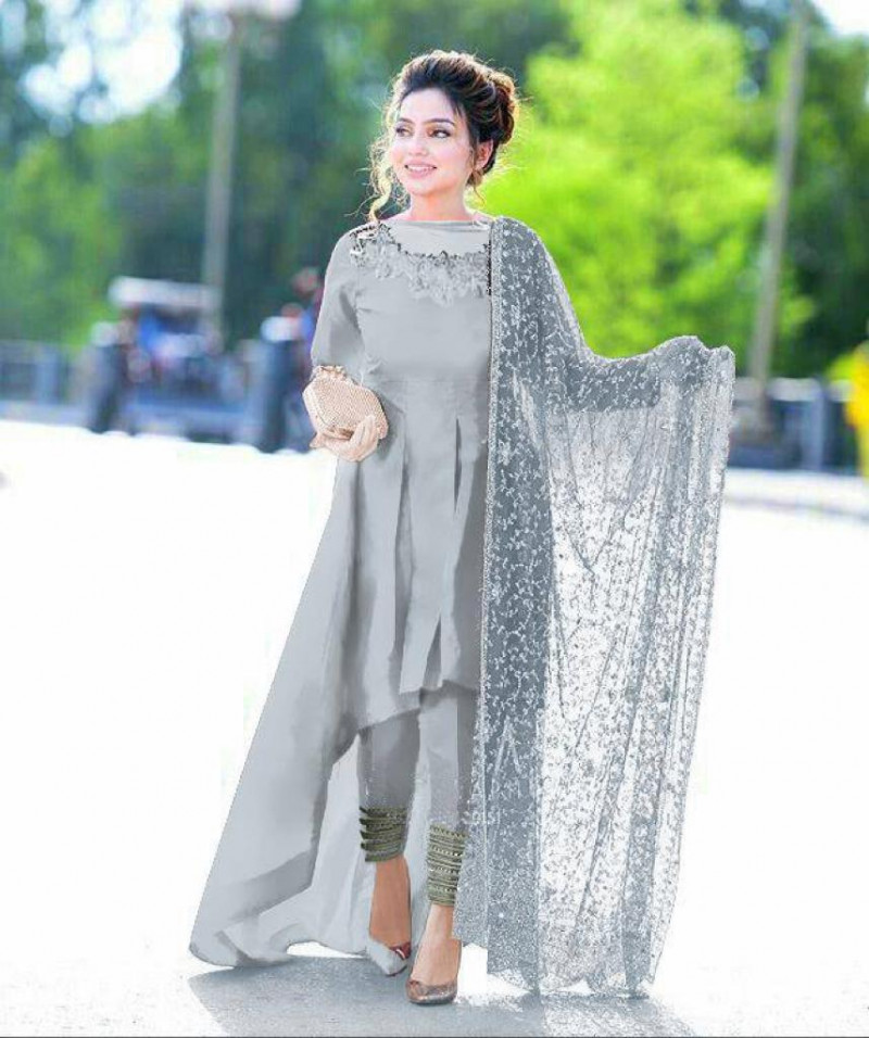 Party Wear Silver Taffeta Silk Anarkali 
