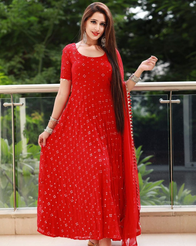 red georgette gown