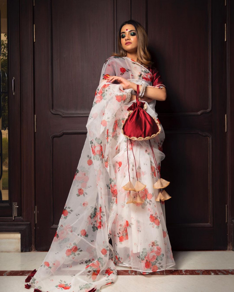 White And Red Printed Organza Saree 