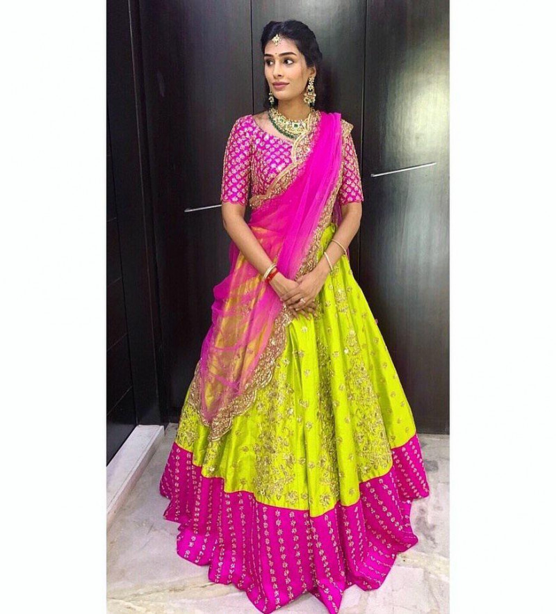 Lemon Green And Pink Banglory Satin Lehenga Choli