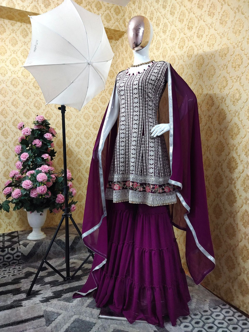 Precious Wine Color Three Flair Sharara Suit