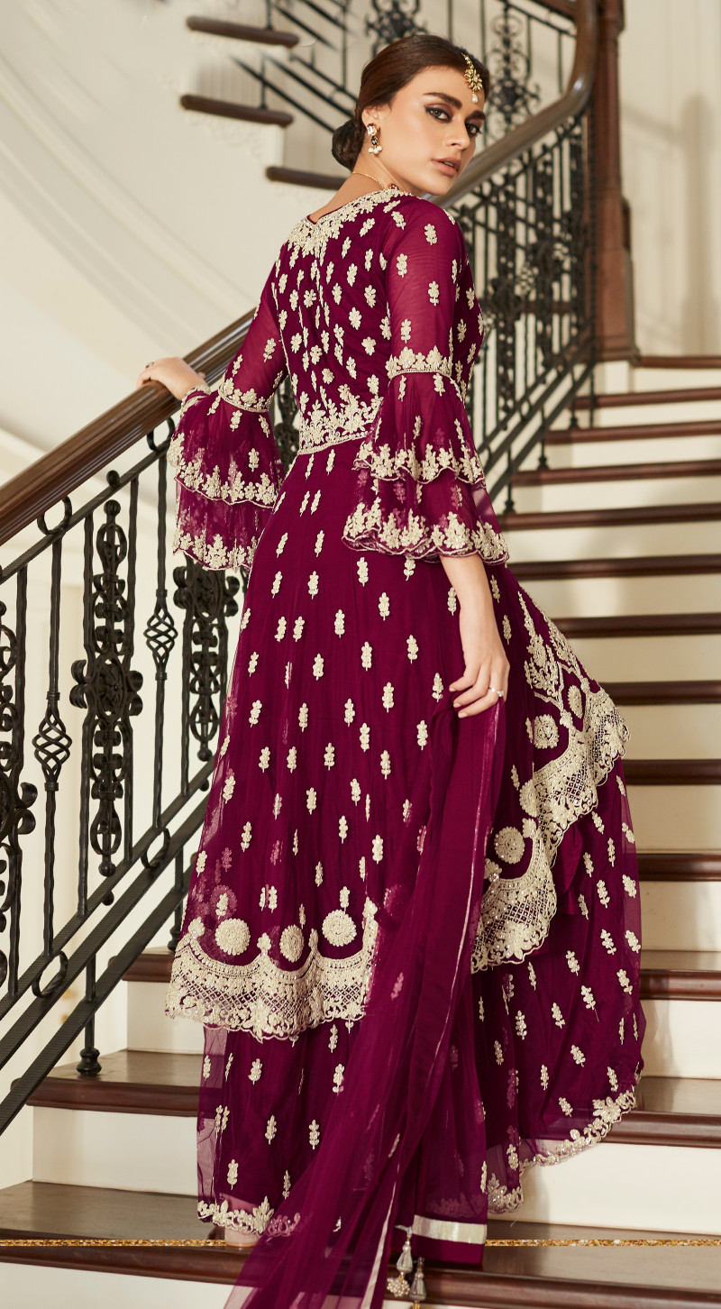 Wine Color Net Embroidered Heavy Sharara Pakistani Suit IndiAttire
