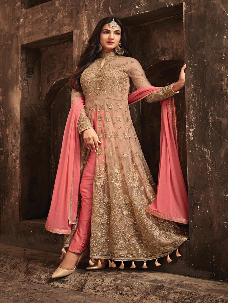 Lucknowi Work Pink Designer Pant Style Straight Suit