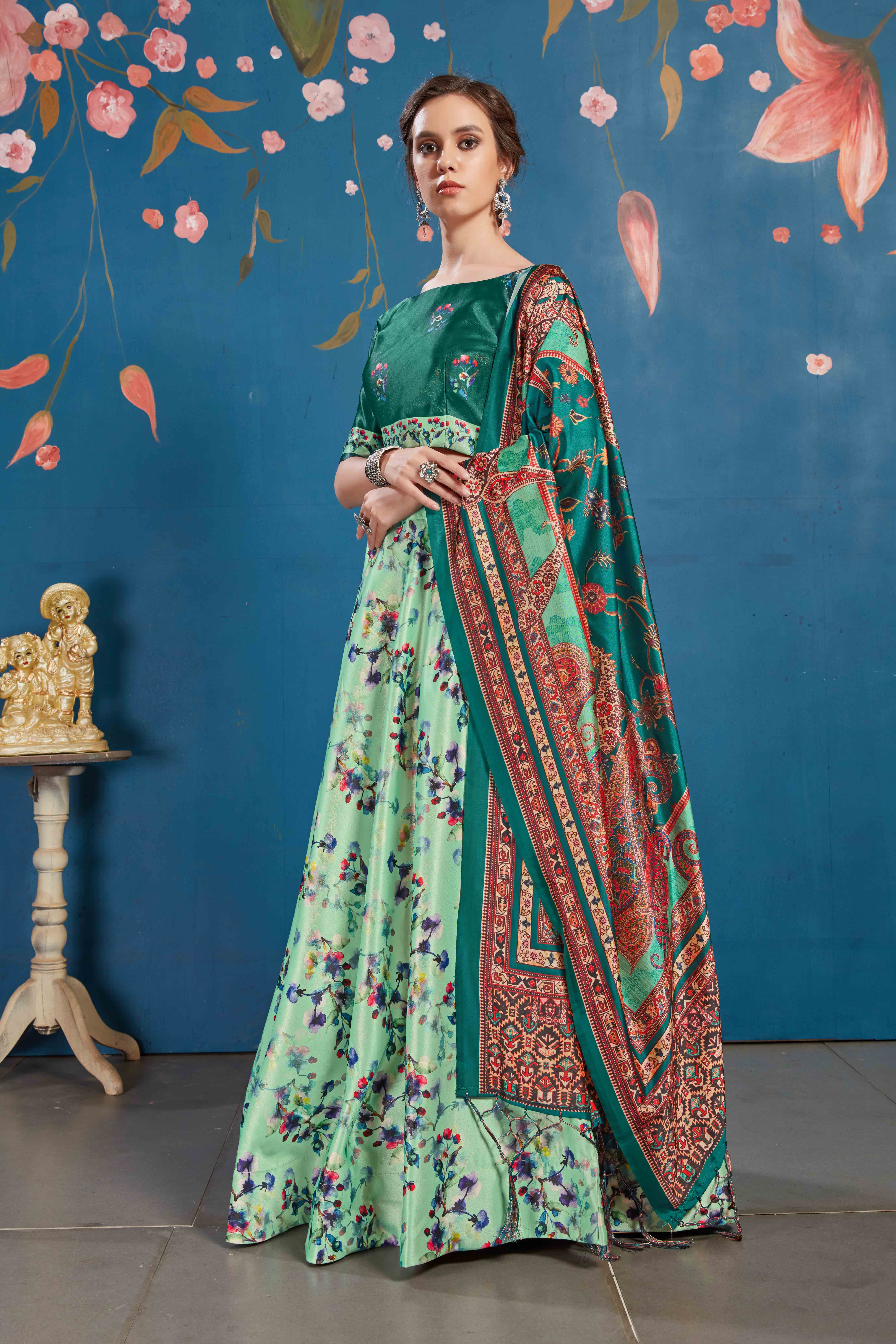 Mint Green Wedding Guest Wear Printed Silk Lehenga Choli