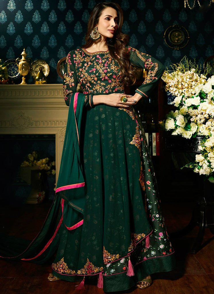 Malaika Arora Ethnic Wear Faux Green Anarkali Suit