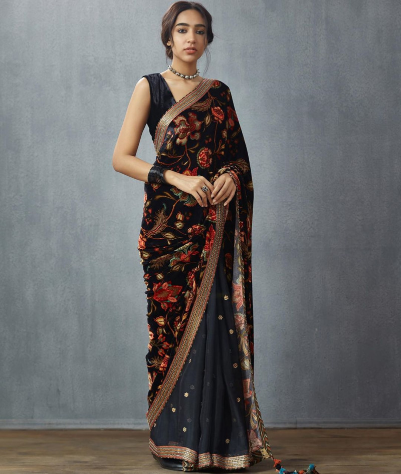 Stylish Black Georgette Printed Saree