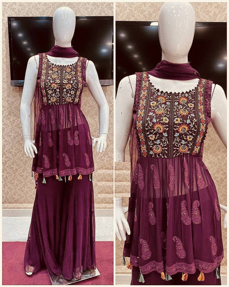 Amazing Wine Color Sharara Suit