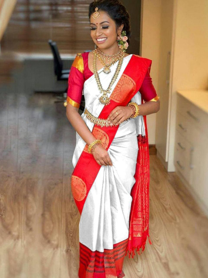 Beautiful South Silk White Saree With 
