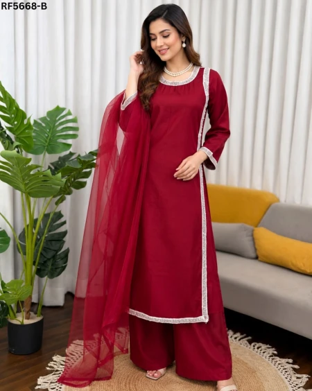 Natural Crepe Embroidered Straight Cut Kurti Set with Organza Dupatta!