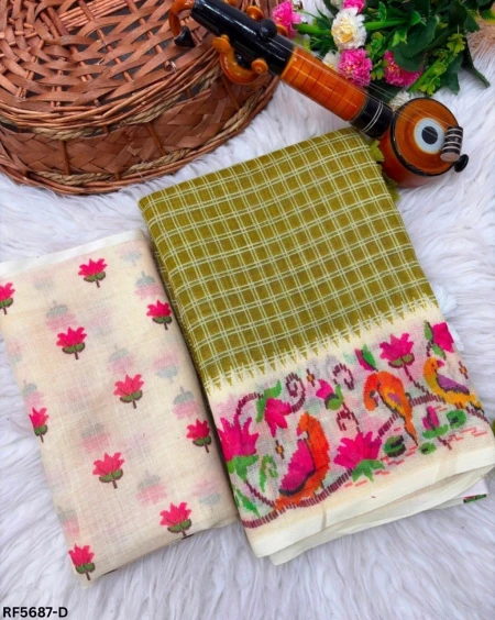 Elegant Linen Cotton Digital Print Saree with Unstitched Blouse!