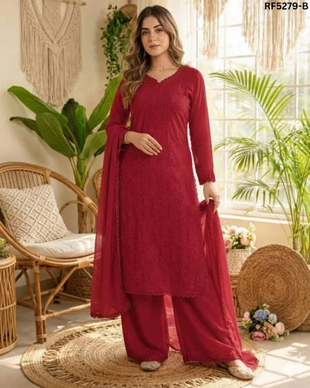 Elegant Faux Georgette Gown with Chikankari Embroidery & Dupatta!