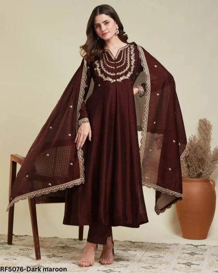 Designer Embroidered Gown Set with Pant & Dupatta – 4 Stunning Shades!