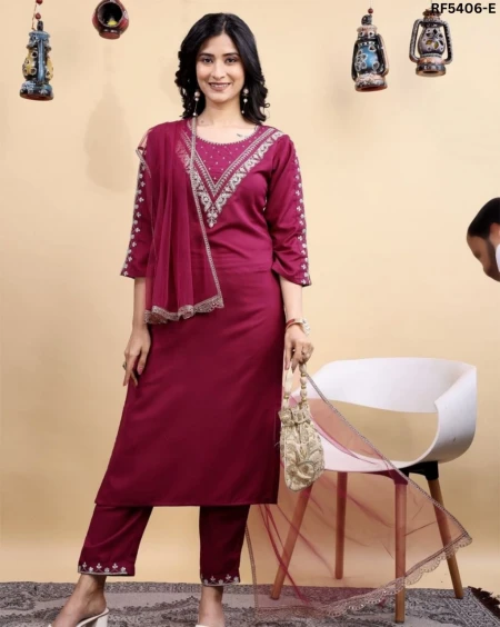 Cotton Blend Embroidered Kurti Pant Set with Net Dupatta Lace Border Festive Wear for Women!