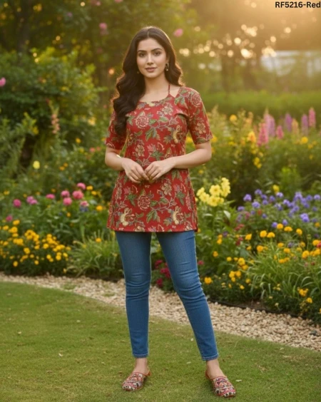 Heavy Rayon Short Kurti with Pleated Pattern & Embroidery Work!