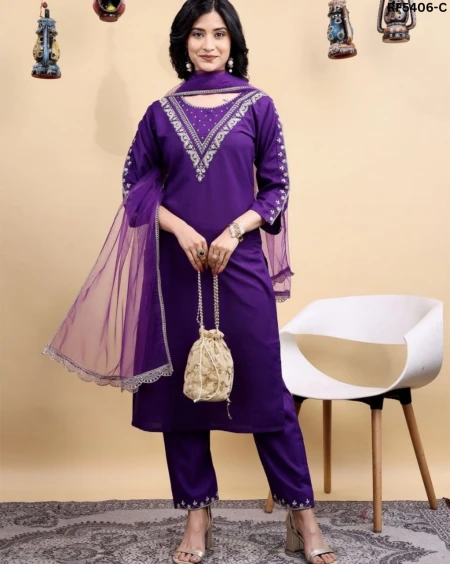 Cotton Blend Embroidered Kurti Pant Set with Net Dupatta Lace Border Festive Wear for Women!