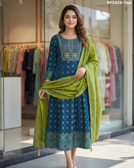 Heavy Rayon Embroidered Printed Gown Set with Chanderi Dupatta Latkans Festive Wear for Women!