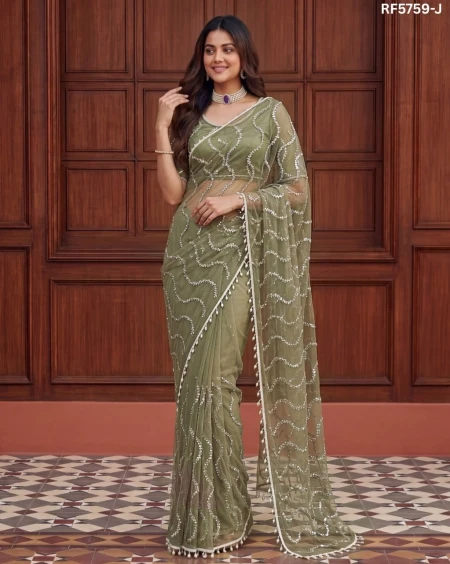 Elegant Net Saree with Beads, Sequins & Pearl Embroidery – Premium Party Wear!