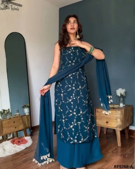 Faux Georgette Thread & Sequins Embroidered Straight Cut Kurti Set with Lace Dupatta!
