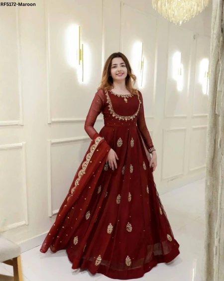 Elegant  Embroidered Faux Georgette Gown Set With Dupatta!