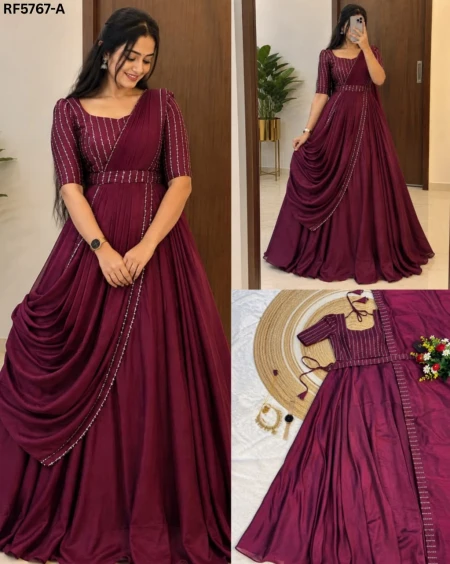 Vichitra Silk Embroidered Gown with Matching Dupatta & Beaded Belt – Elegant Party Wear