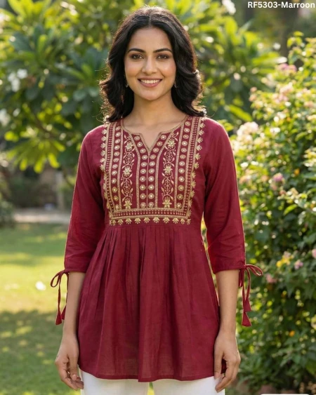 Stylish Heavy Rayon Short Kurti with Embroidery Thread Work!