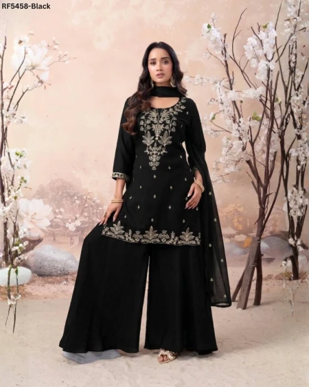 Vichitra Silk Embroidered Top Bottom Set with Dupatta!