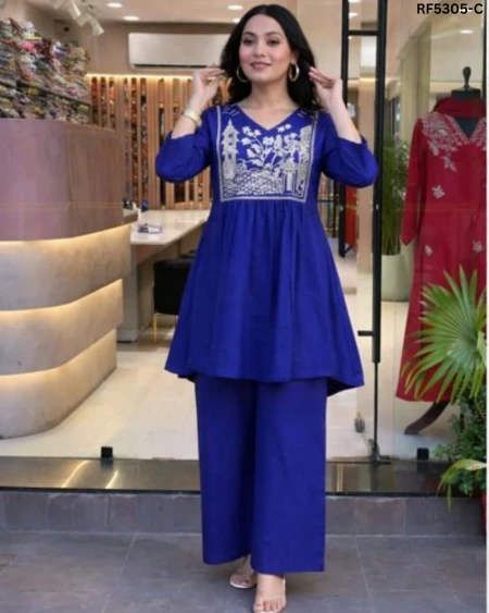 Elegant Premium Tesla Cotton Embroidered Co-Ord Set with Matching Palazzo!