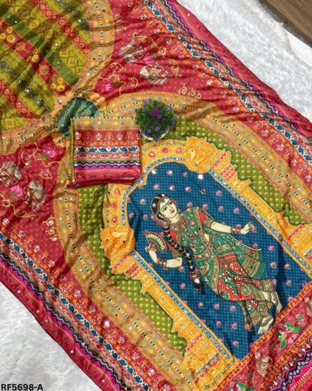 Soft Chinon Silk Digital Print Saree with Real Mirror Work – Elegant Festive & Party Wear!
