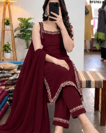 Elegant Georgette Sequins Work Straight Cut Kurti Set with Dupatta