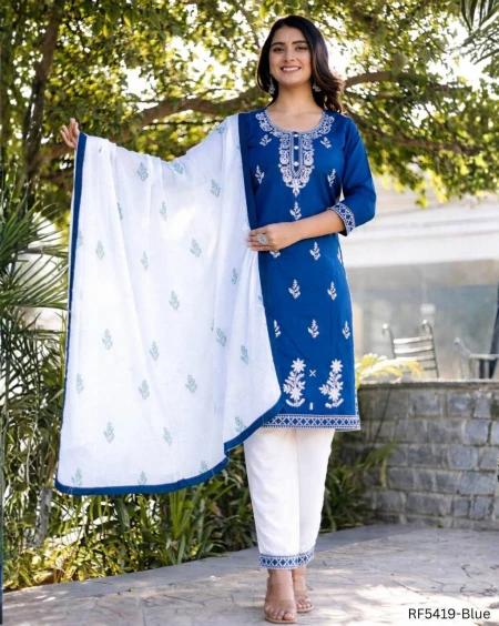 Rayon Cotton Embroidered Kurti Pant Set with Viscose Rayon Dupatta Festive Wear for Women!