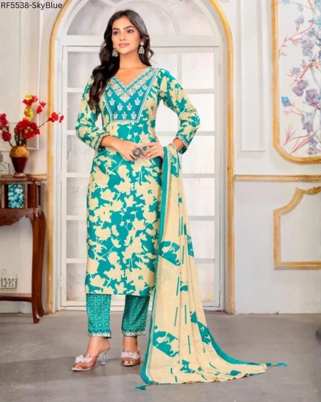 Rayon Embroidered Kurti Set with Printed Dupatta!