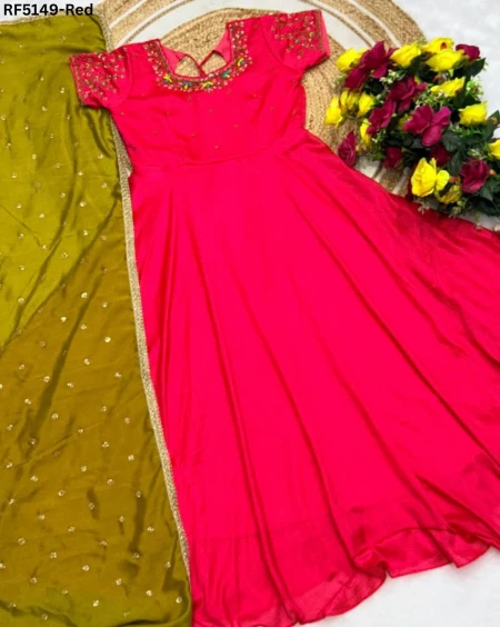 Elegant Vichitra Silk Gown Set with Sequins Dupatta!