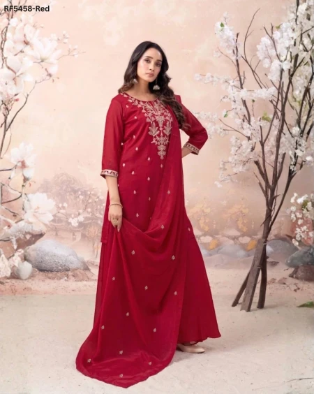 Vichitra Silk Embroidered Top Bottom Set with Dupatta!