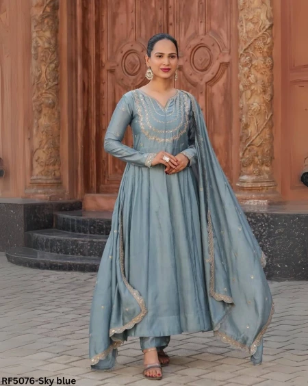 Designer Embroidered Gown Set with Pant & Dupatta – 4 Stunning Shades!