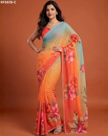 Georgette Silk Digital Print Saree with Moti Lace Border!
