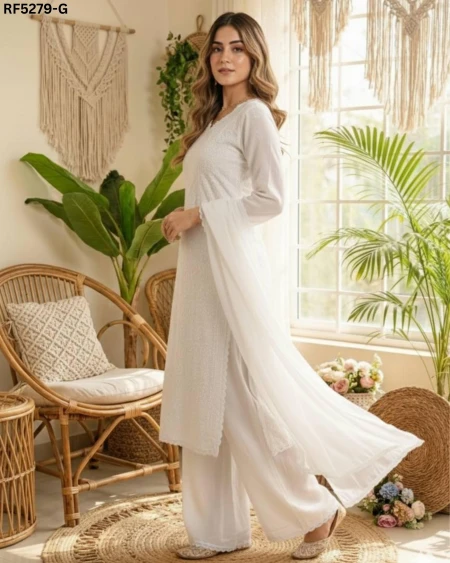 Elegant Faux Georgette Gown with Chikankari Embroidery & Dupatta!