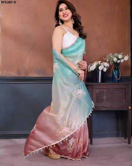 Elegant Gold Crush Saree with Sparrow Embroidery & Roto Silk Blouse!