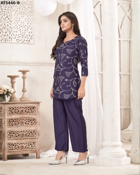 Cotton Blend Dori Embroidered Short Kurti Pant Set Elegant Ethnic Wear!