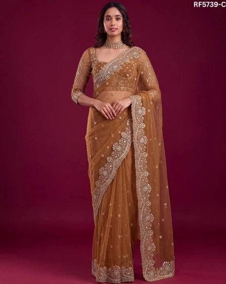 Elegant Net Saree with Sequins Embroidery & Matching Blouse – Party Wear