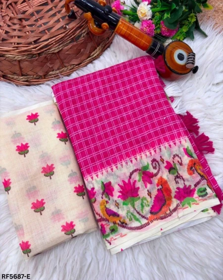 Elegant Linen Cotton Digital Print Saree with Unstitched Blouse!
