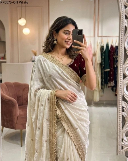 Space Silk Embroidered Saree with Contrast Blouse!