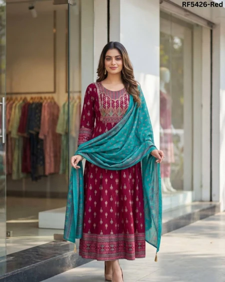 Heavy Rayon Embroidered Printed Gown Set with Chanderi Dupatta Latkans Festive Wear for Women!