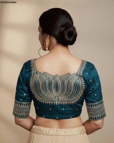 Designer Vichitra Silk Readymade Blouse with Lotus Embroidery & Sequins!