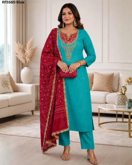 Slub Cotton Embroidered Kurti Set with Micro Dupatta!