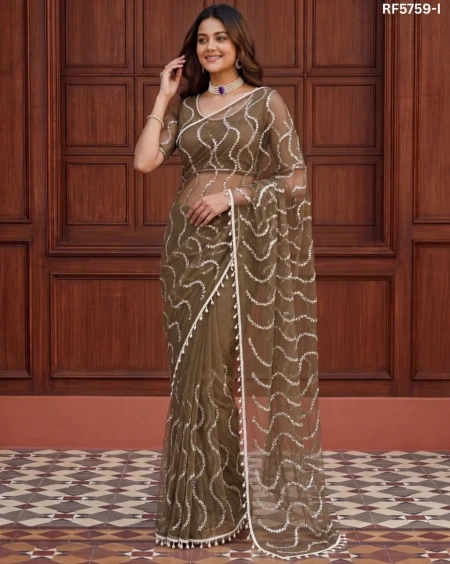 Elegant Net Saree with Beads, Sequins & Pearl Embroidery – Premium Party Wear!