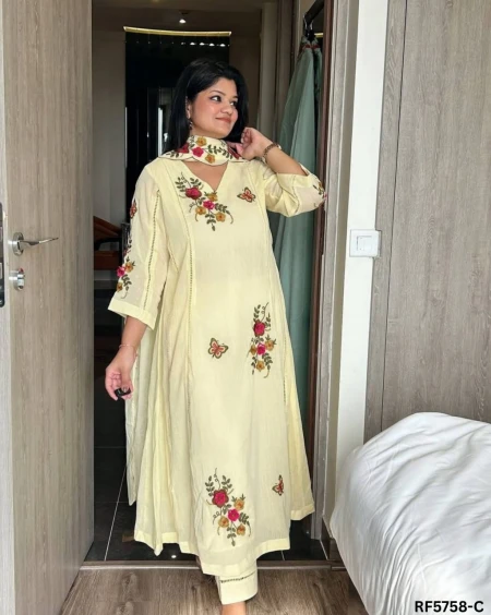 Air Tex Chinon Embroidered Straight Cut Kurti Set with Patch & Cut Work Dupatta.